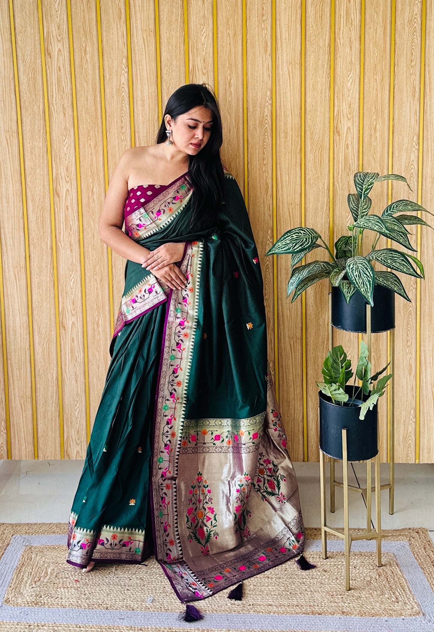 Green Color Premium Quality Paithani Soft  Silk Saree With Buttas Pattern