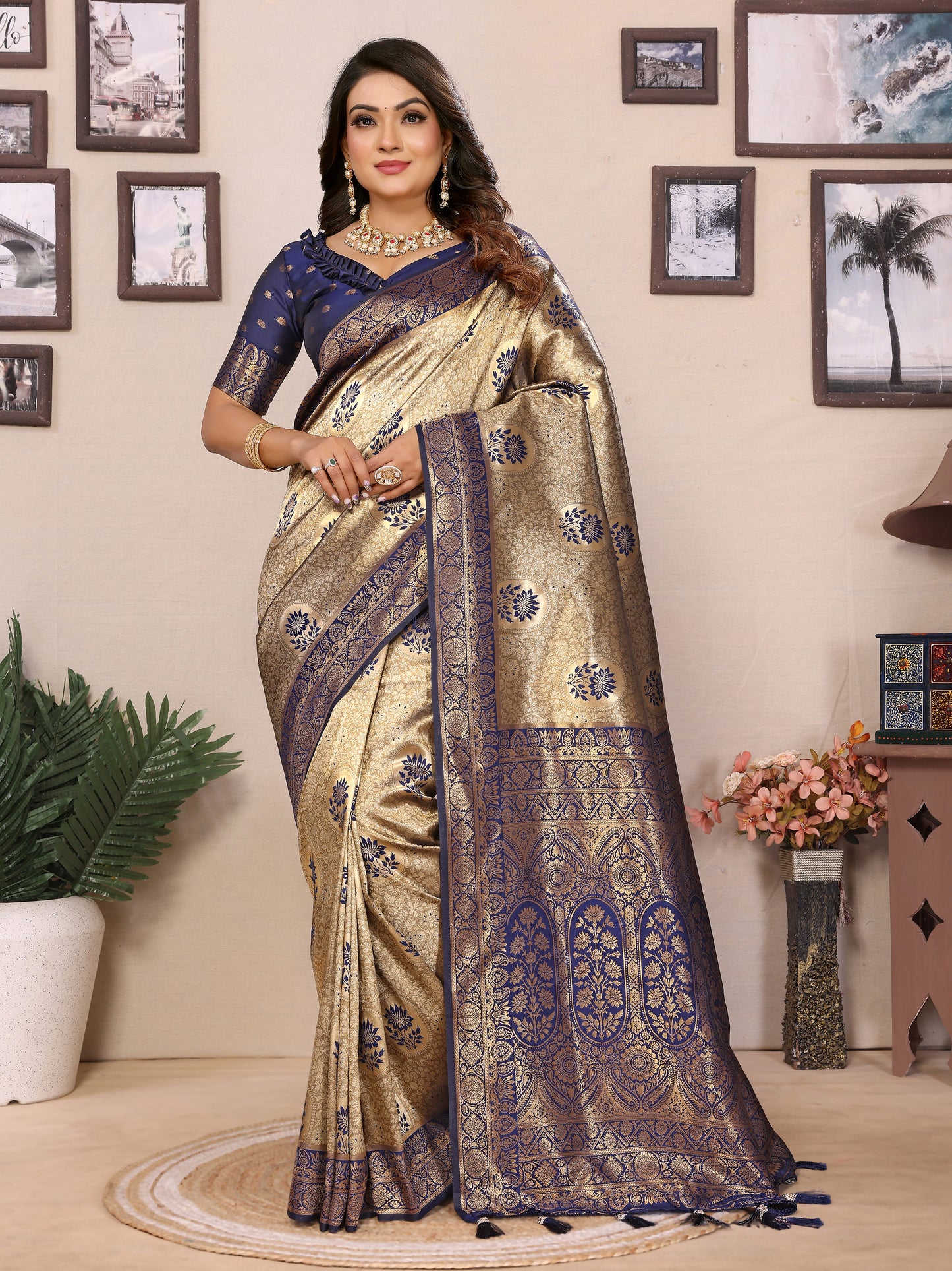 Blue Mahek Handloom Tissue Silk Sarees with Contrast Zari woven Border