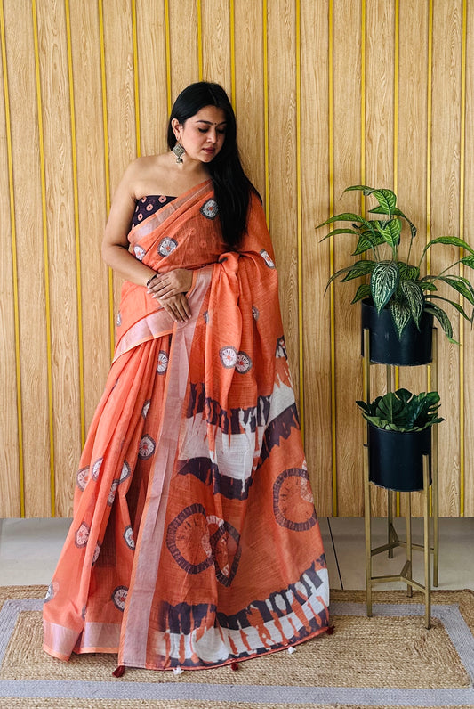 Orange Color Soft Linen Cotton Digital Print Saree Very Premium And Rich Quality