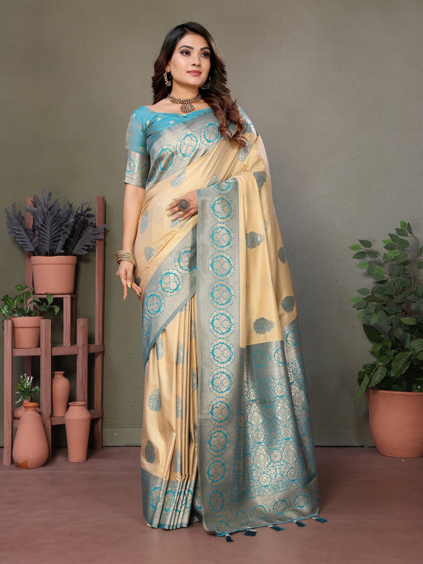Blue Jugani Viscose silky sarees that are soft and with all over weaving butties in the body