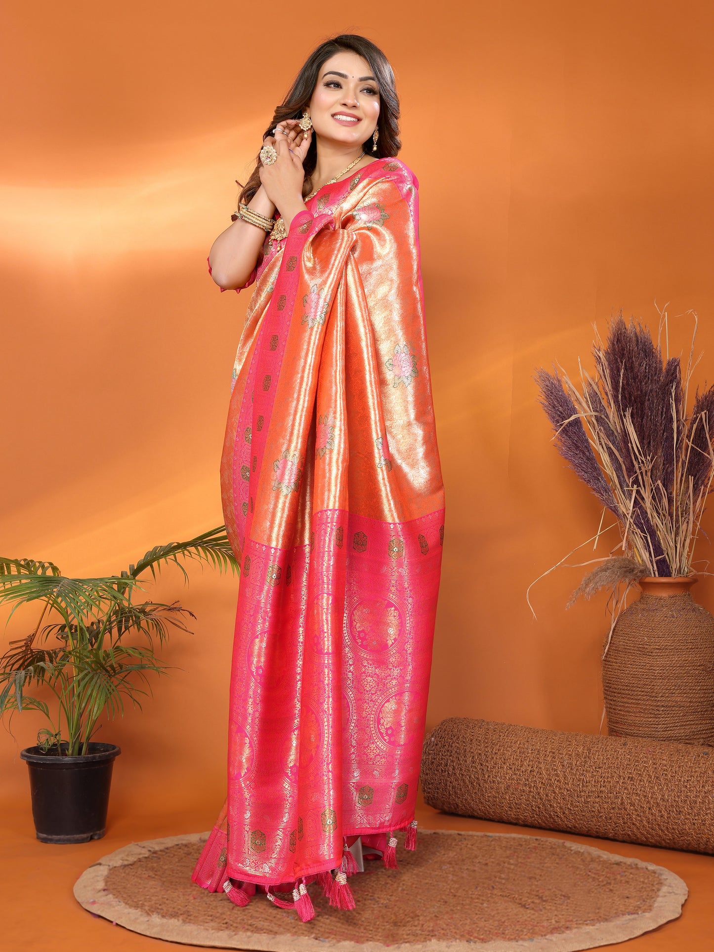 Pink Saroz banarasi tissue silk sarees with all over weaving butties