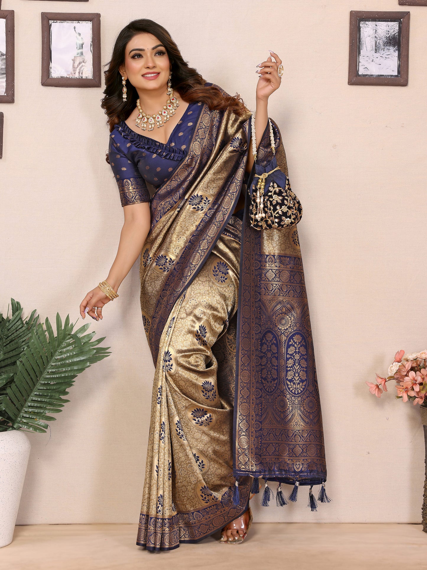 Blue Mahek Handloom Tissue Silk Sarees with Contrast Zari woven Border