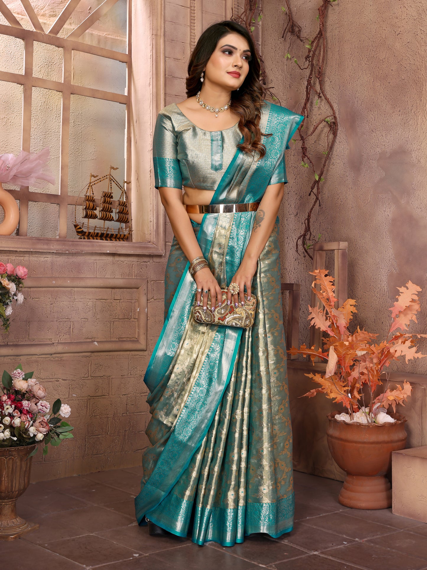 Sea Green Color Handloom Tissue Silk Saree With Zari Designs And Contrast Border