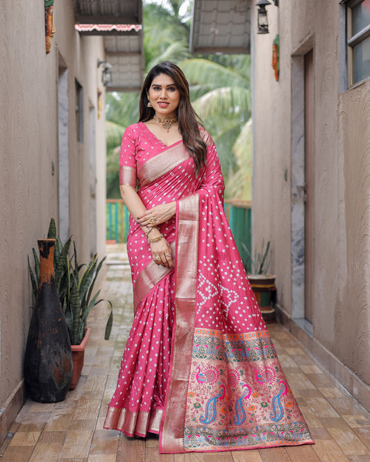 Light Pink Yashomati Dola Soft Silk Bandhej Sarees With Jari Weaving Border