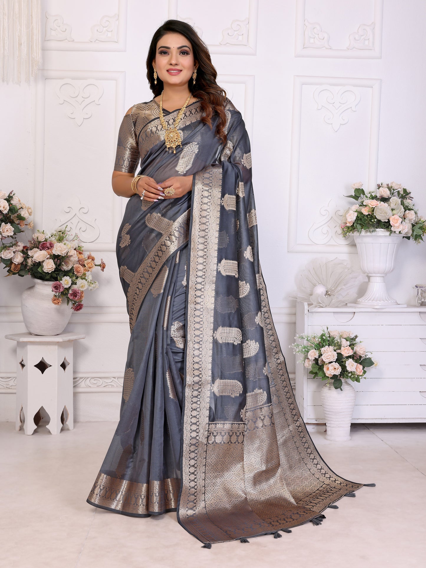 Gray Color Premium And Superior Soft Organza Silk Banarasi Saree Butta With Unique Colour