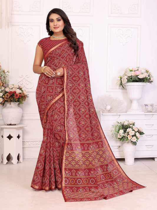 मैरून अंबिका शुद्ध पटोला और बंधेज पैटर्न नरम सूती हल्के वजन की साड़ी