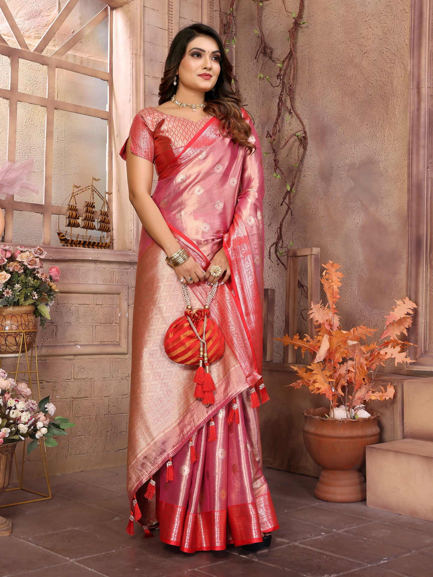 Red Anita Handloom Tissue Silk Sarees with all over Zari Weaving Designs