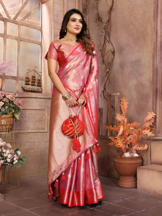 Red Anita Handloom Tissue Silk Sarees with all over Zari Weaving Designs