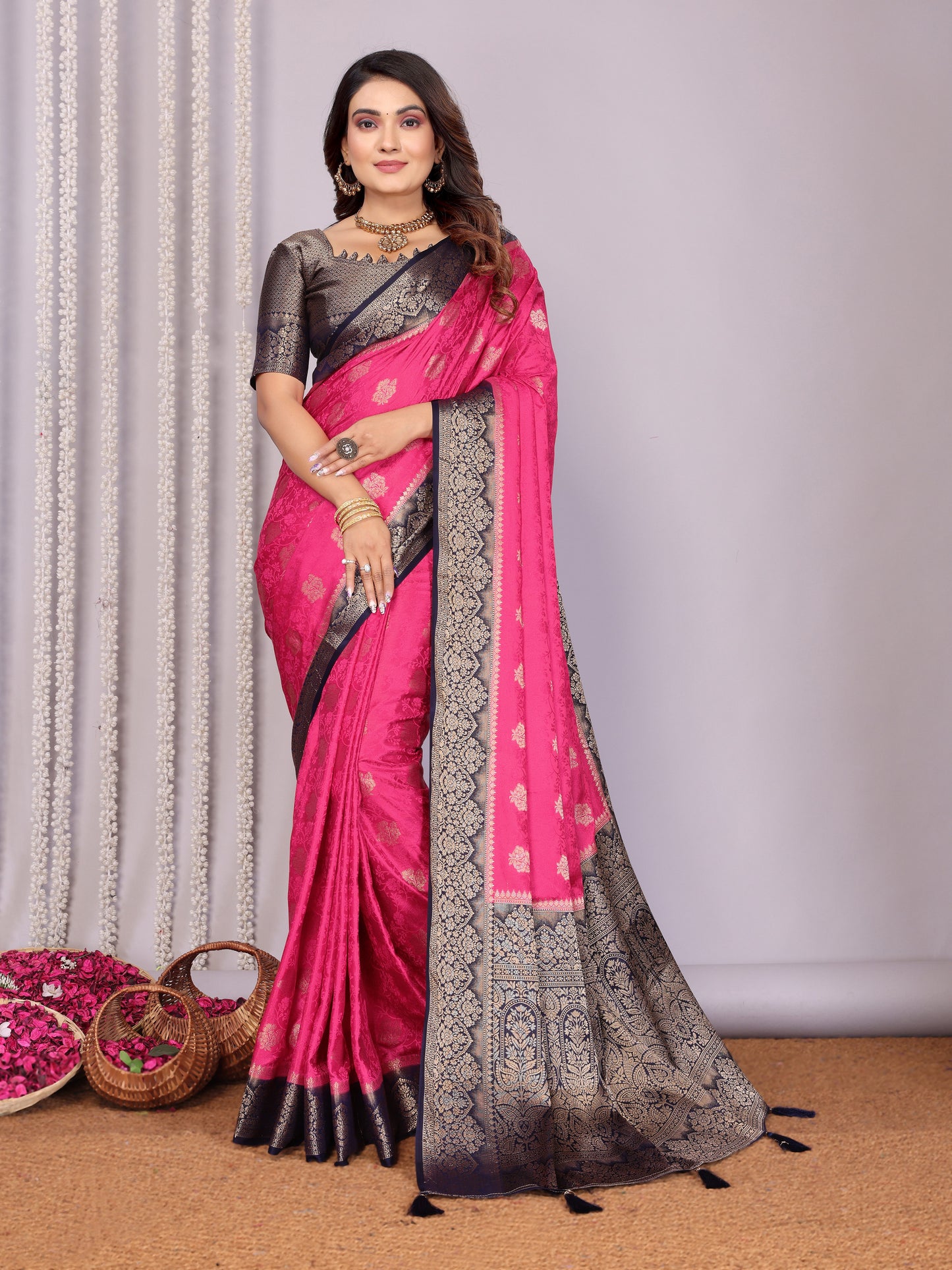 Pink Color Exclusive Satin Silk Sarees With All Over Zari Weaving Butta Designs