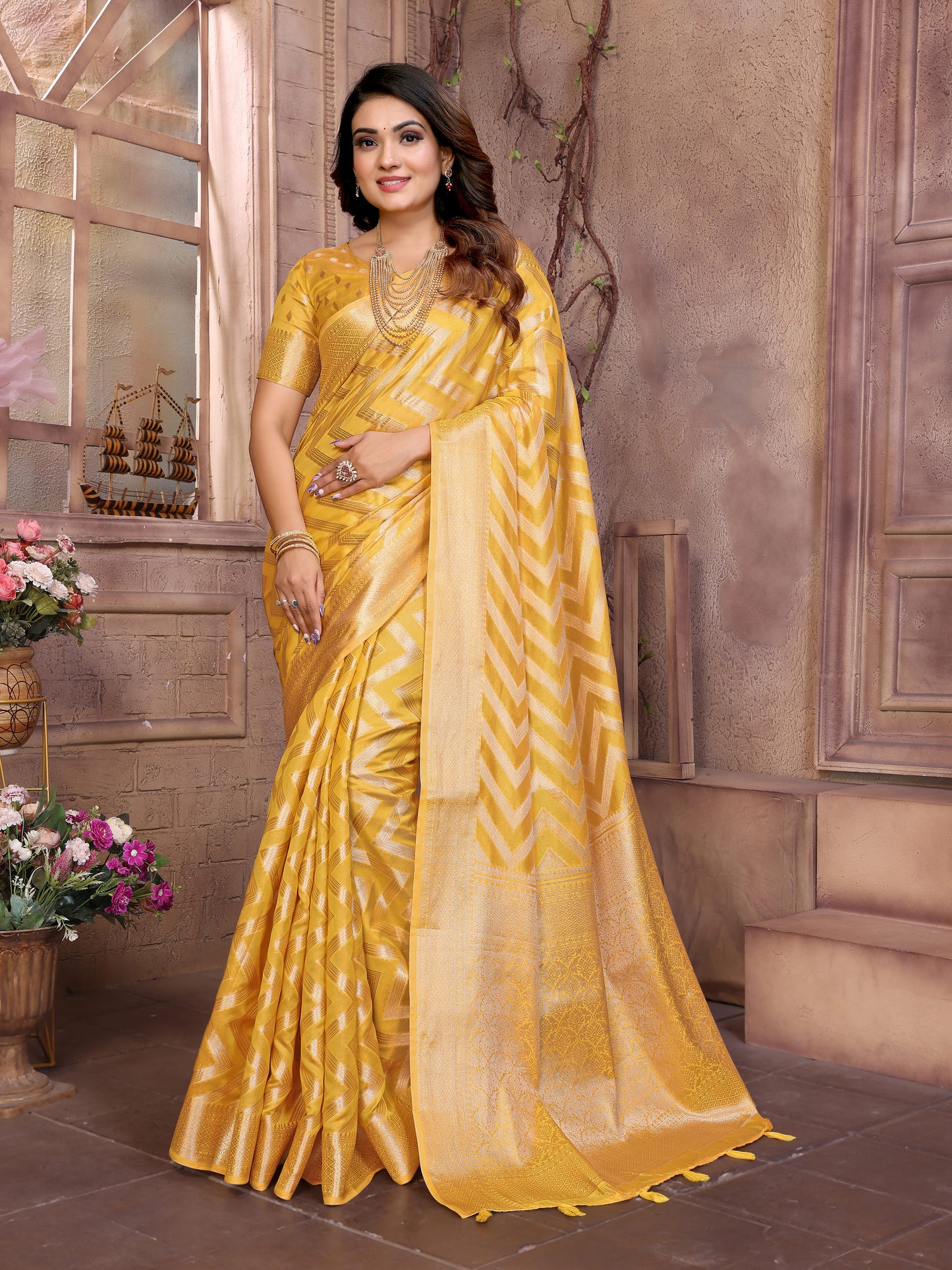 Yellow Color Premium Superior Soft Organza Silk Banarasi Saree With Zari Border