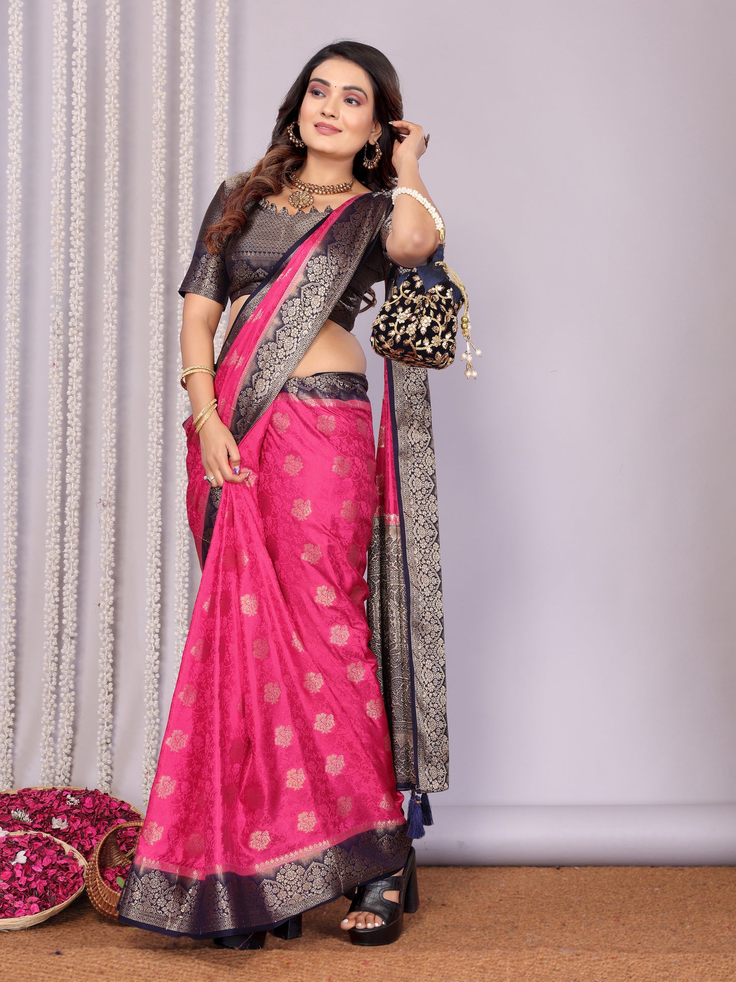 Pink Color Exclusive Satin Silk Sarees With All Over Zari Weaving Butta Designs