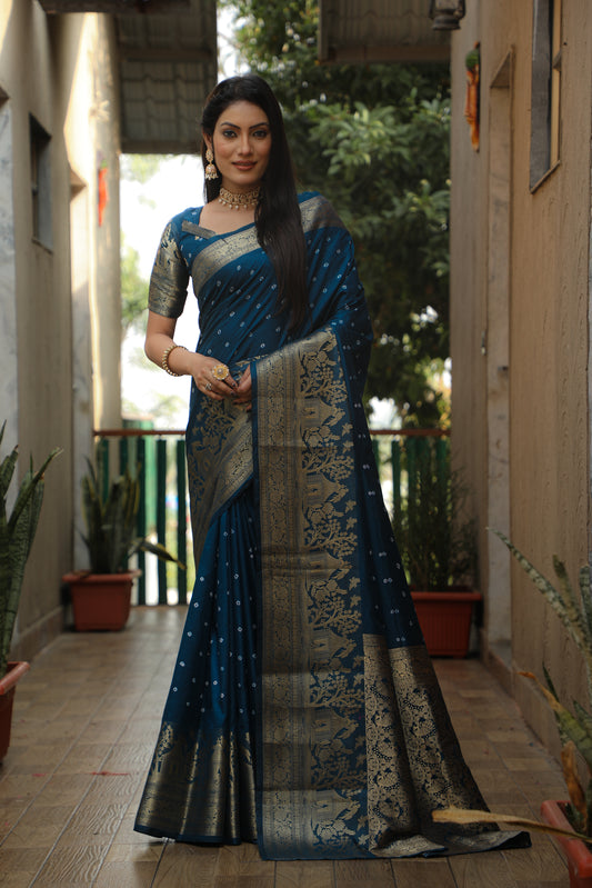 Blue Suvarna Bandhej Kanjivaram silk saree with Zari Weaving Rich Pallu