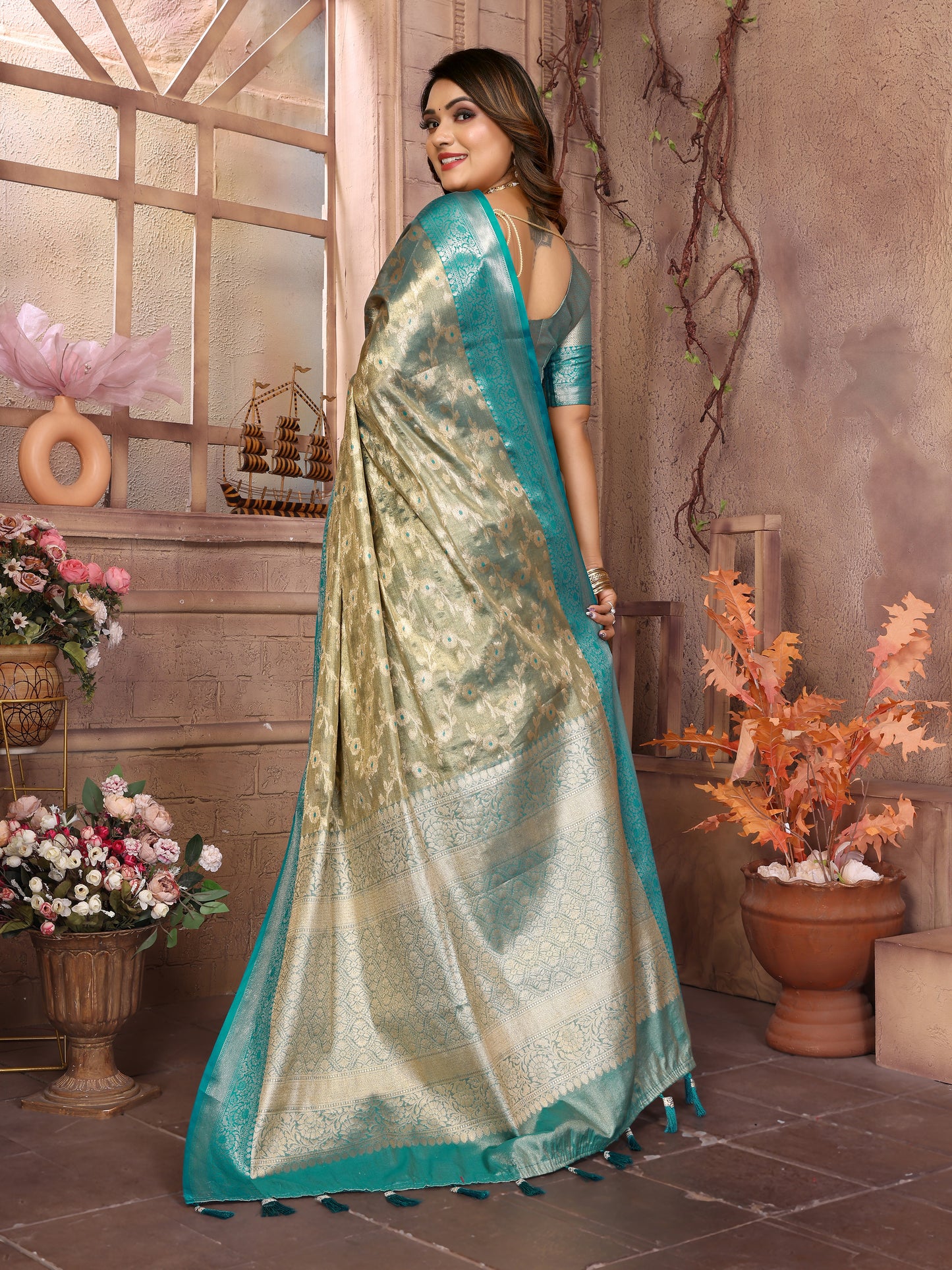 Sea Green Color Handloom Tissue Silk Saree With Zari Designs And Contrast Border