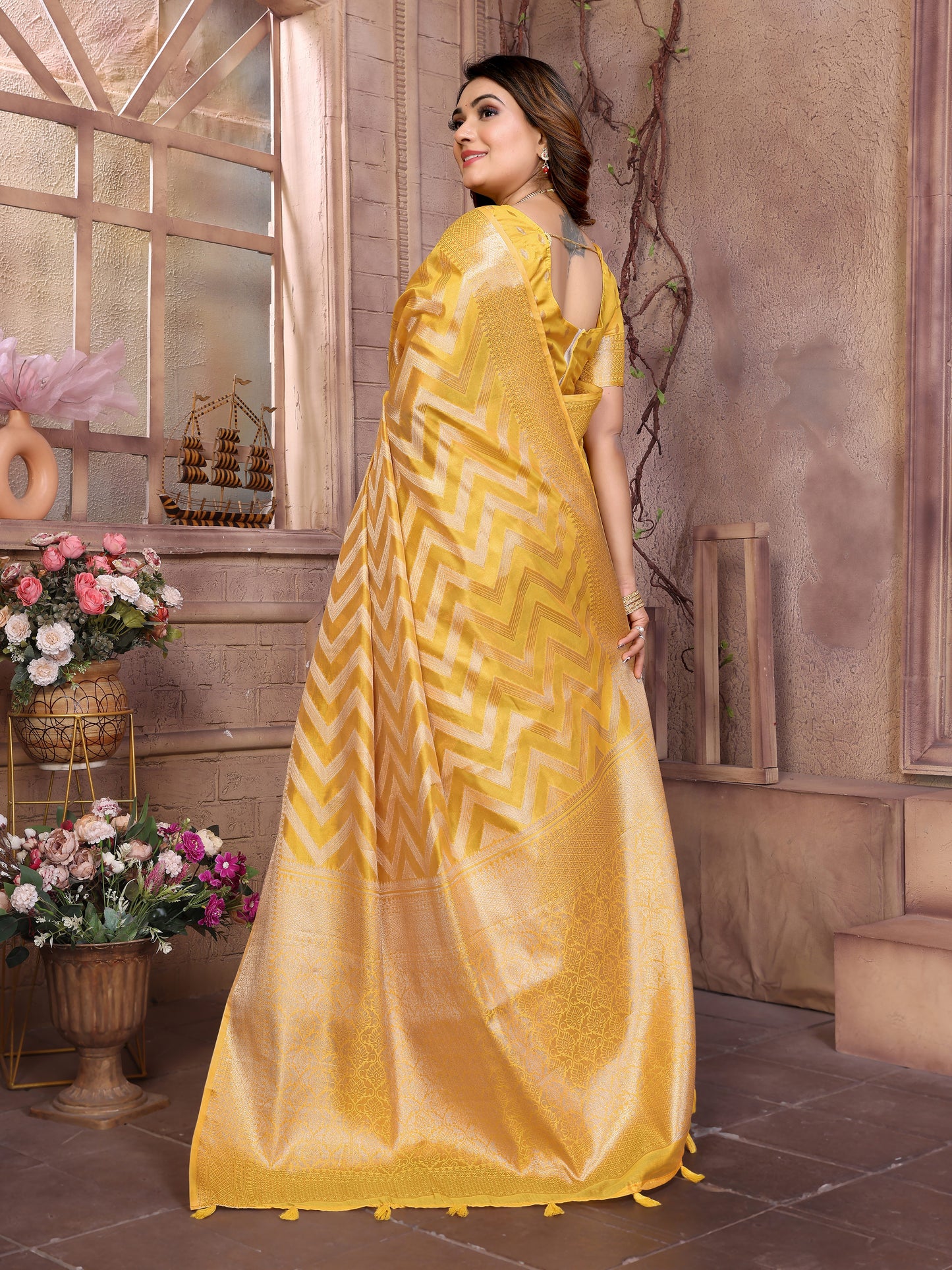 Yellow Color Premium Superior Soft Organza Silk Banarasi Saree With Zari Border