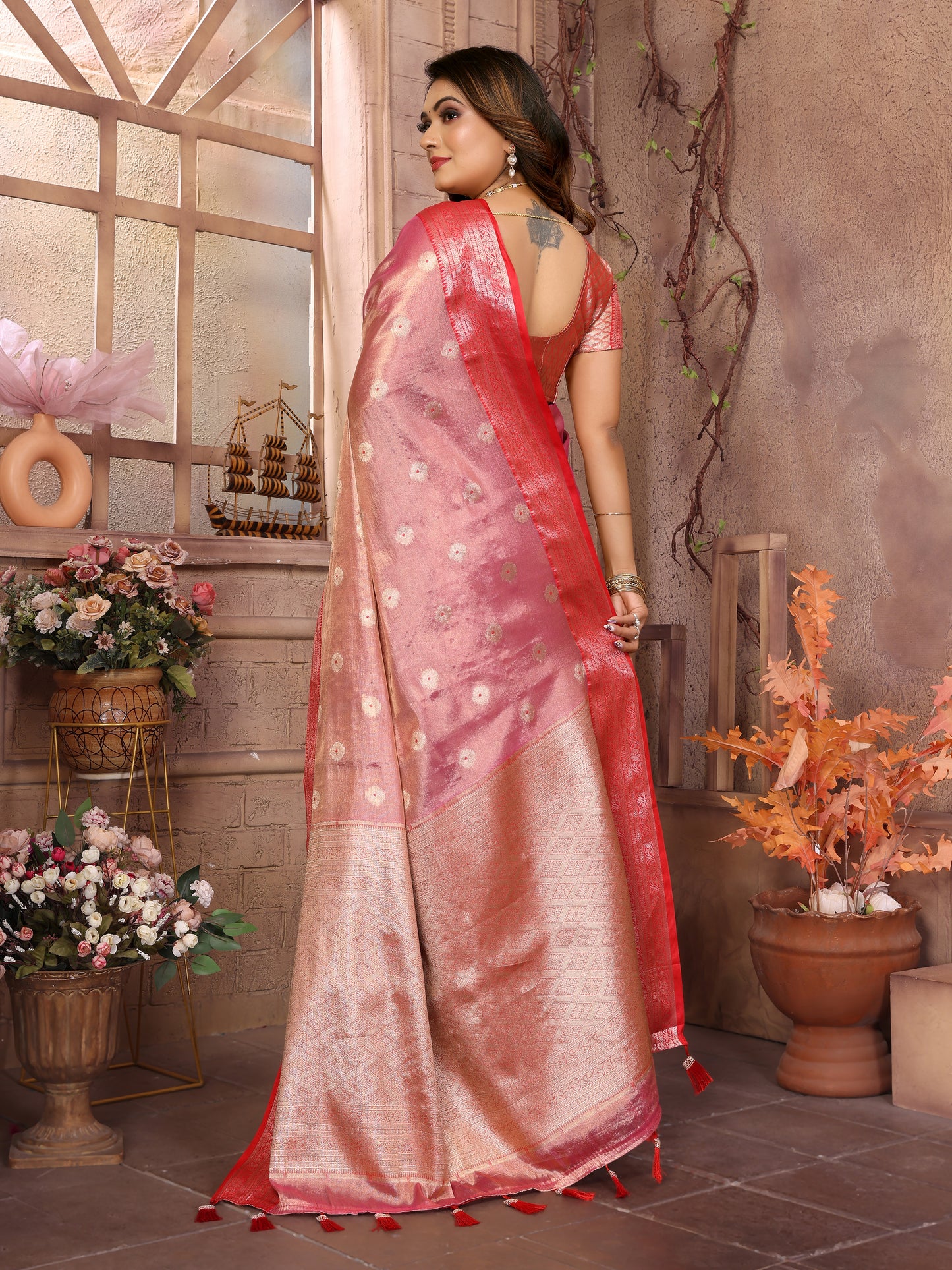 Red Anita Handloom Tissue Silk Sarees with all over Zari Weaving Designs