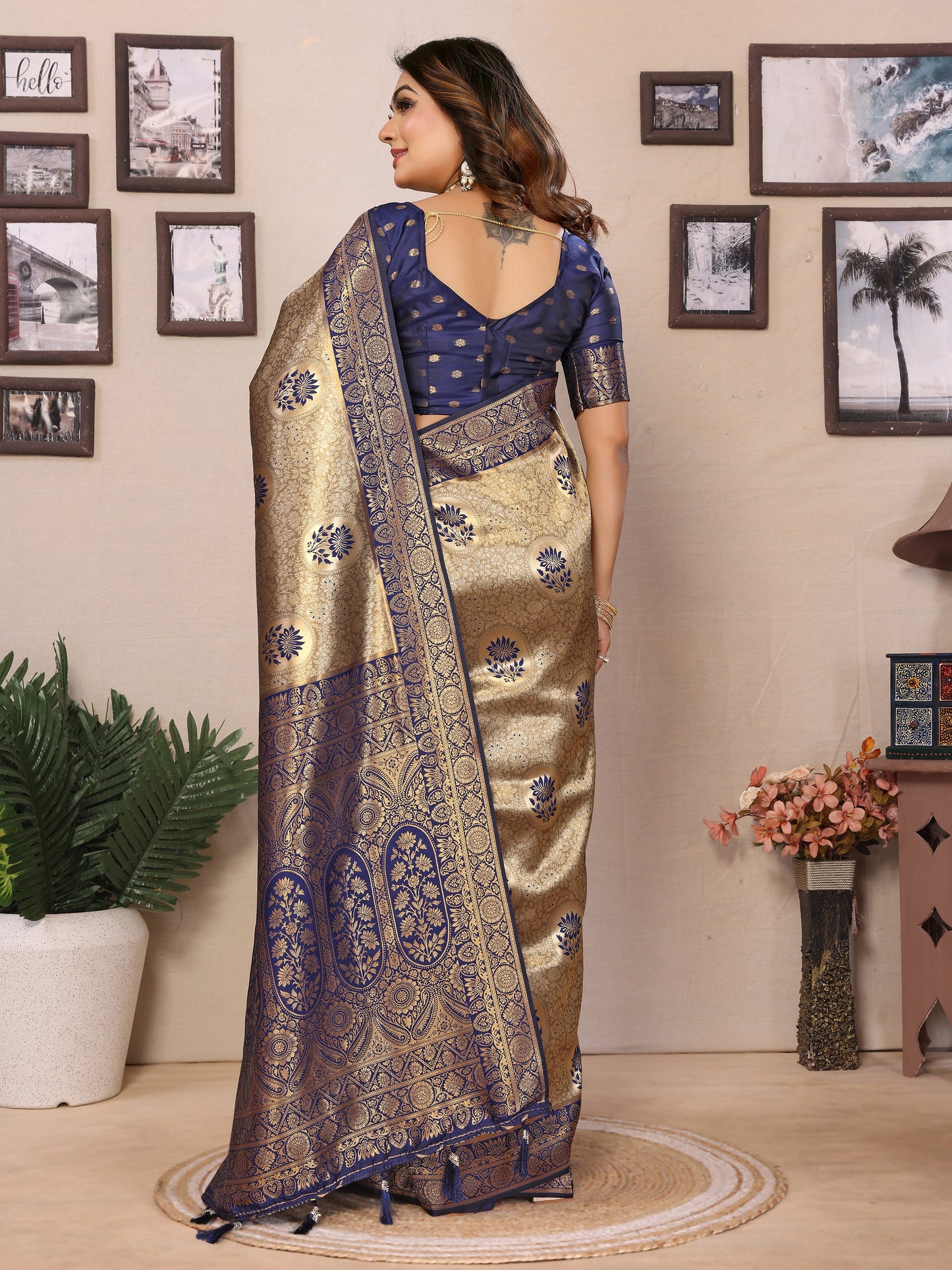 Blue Mahek Handloom Tissue Silk Sarees with Contrast Zari woven Border
