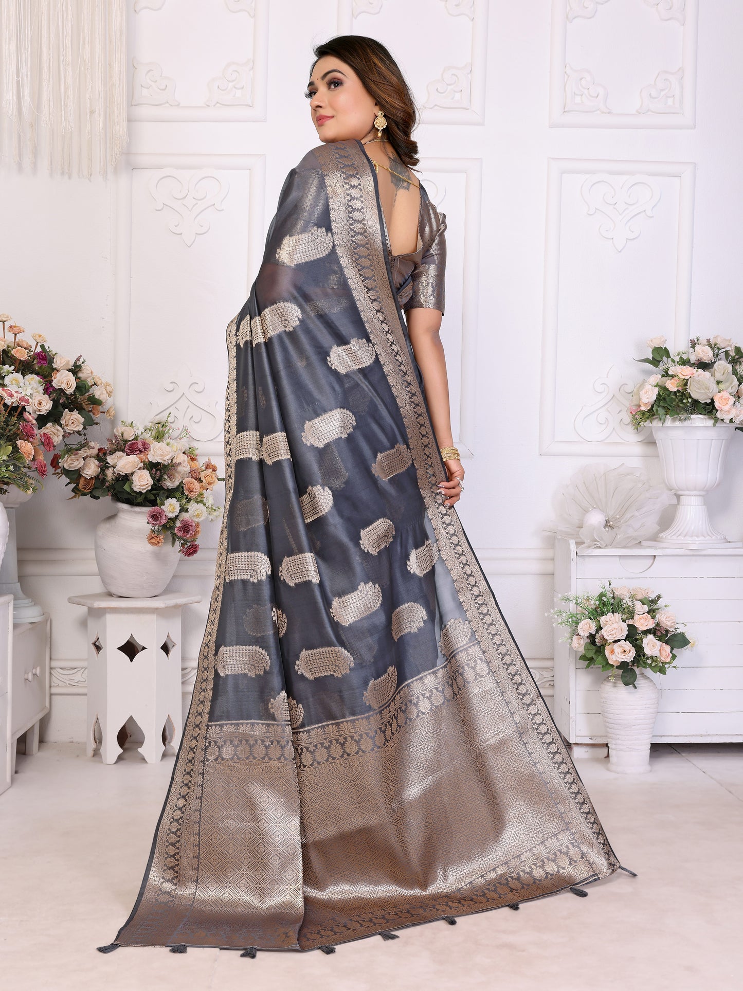 Gray Color Premium And Superior Soft Organza Silk Banarasi Saree Butta With Unique Colour