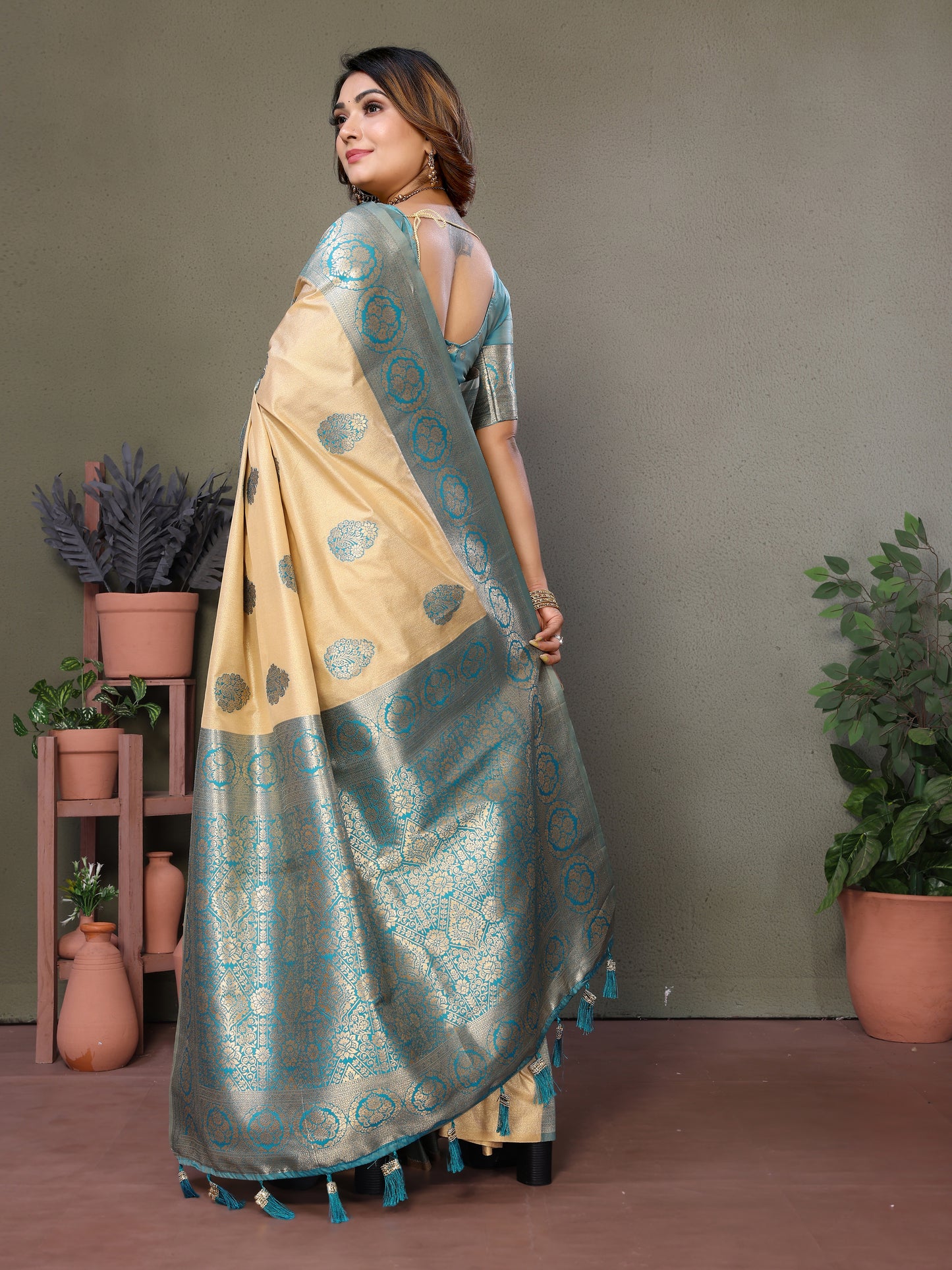Blue Jugani Viscose silky sarees that are soft and with all over weaving butties in the body