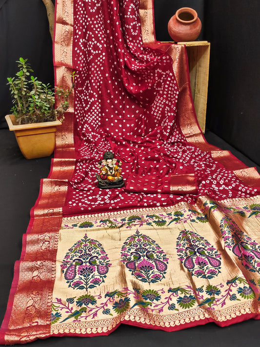 लाल सुभद्रा बंधेज कांजीवरम सिल्क साड़ी ज़री बुनाई पैठानी रिच पल्लू के साथ