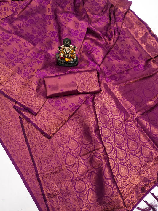 Dark pink Roza soft Silk Kanjivaram blends saree with beautiful weaving exclusive work