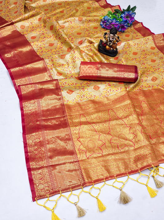 Yellow Draupadi Kanjivaram silk sarees And silky utter smooth and awesome feel