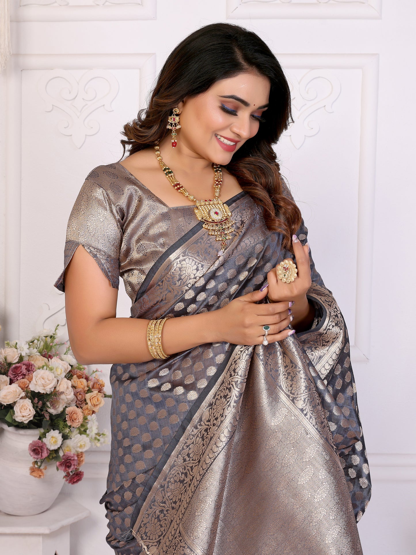 Gray Color Premium Superior Soft Organza Silk Banarasi Saree