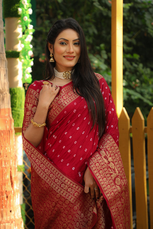 Cherry Red Toral Bandhej Kanjivaram silk saree with Zari Weaving Rich Pallu