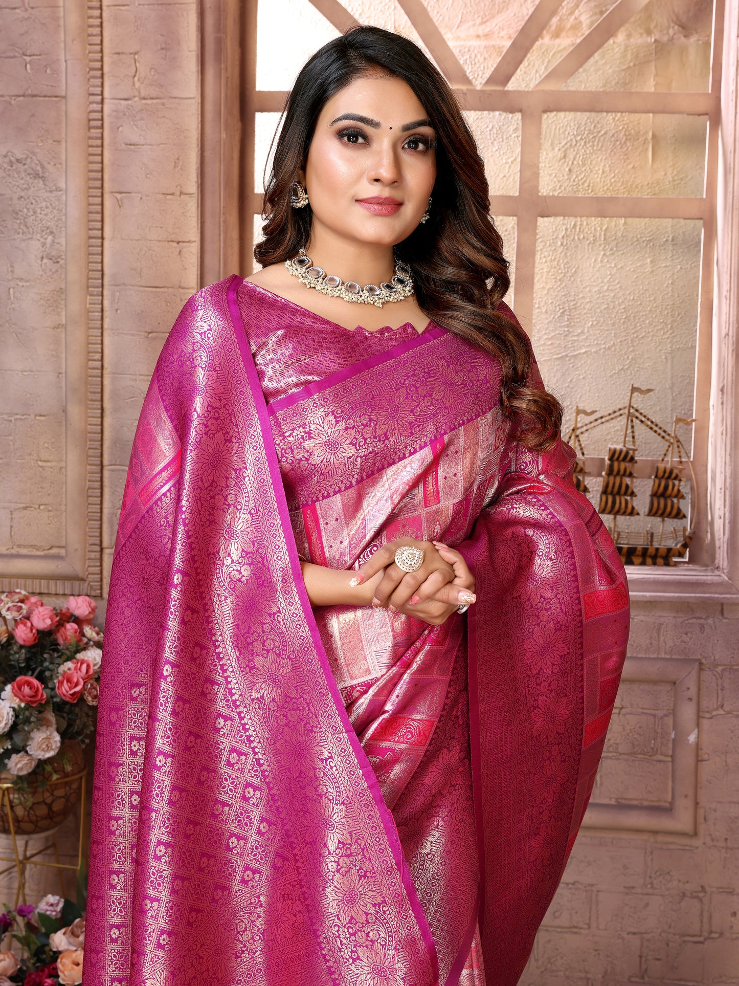 Dark Pink Somya Banarasi Chaturi silk saree With Jari weaving Border