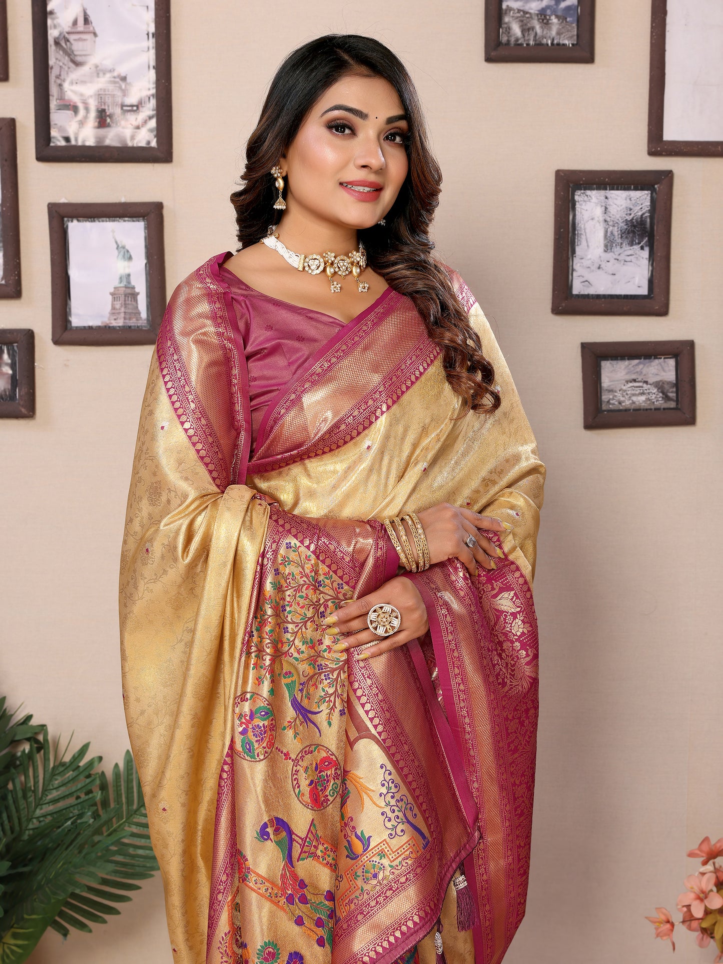 Beige Color Presenting Pure Banarasi Tissue Silk Saree With Paithani Border