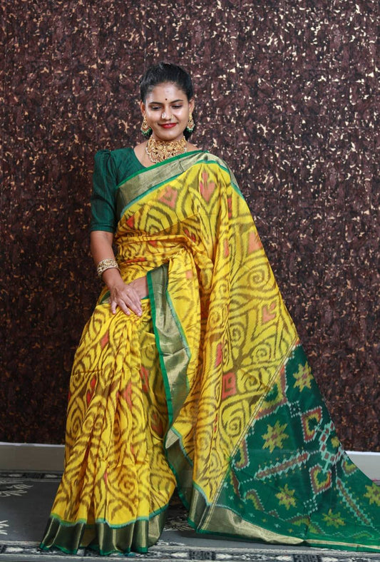 Yellow Color Super Beautiful Ikkat Patola Digital Print Saree With Golden Border