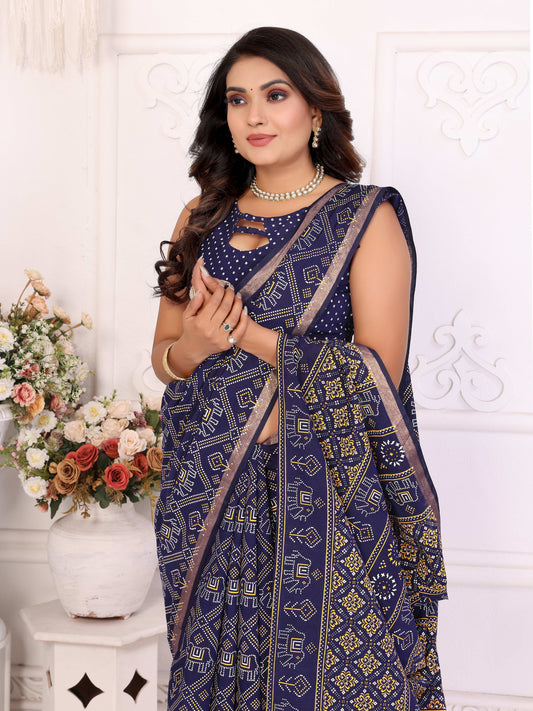 नेवी ब्लू अंबिका शुद्ध पटोला और बंधेज पैटर्न नरम सूती हल्के वजन की साड़ी