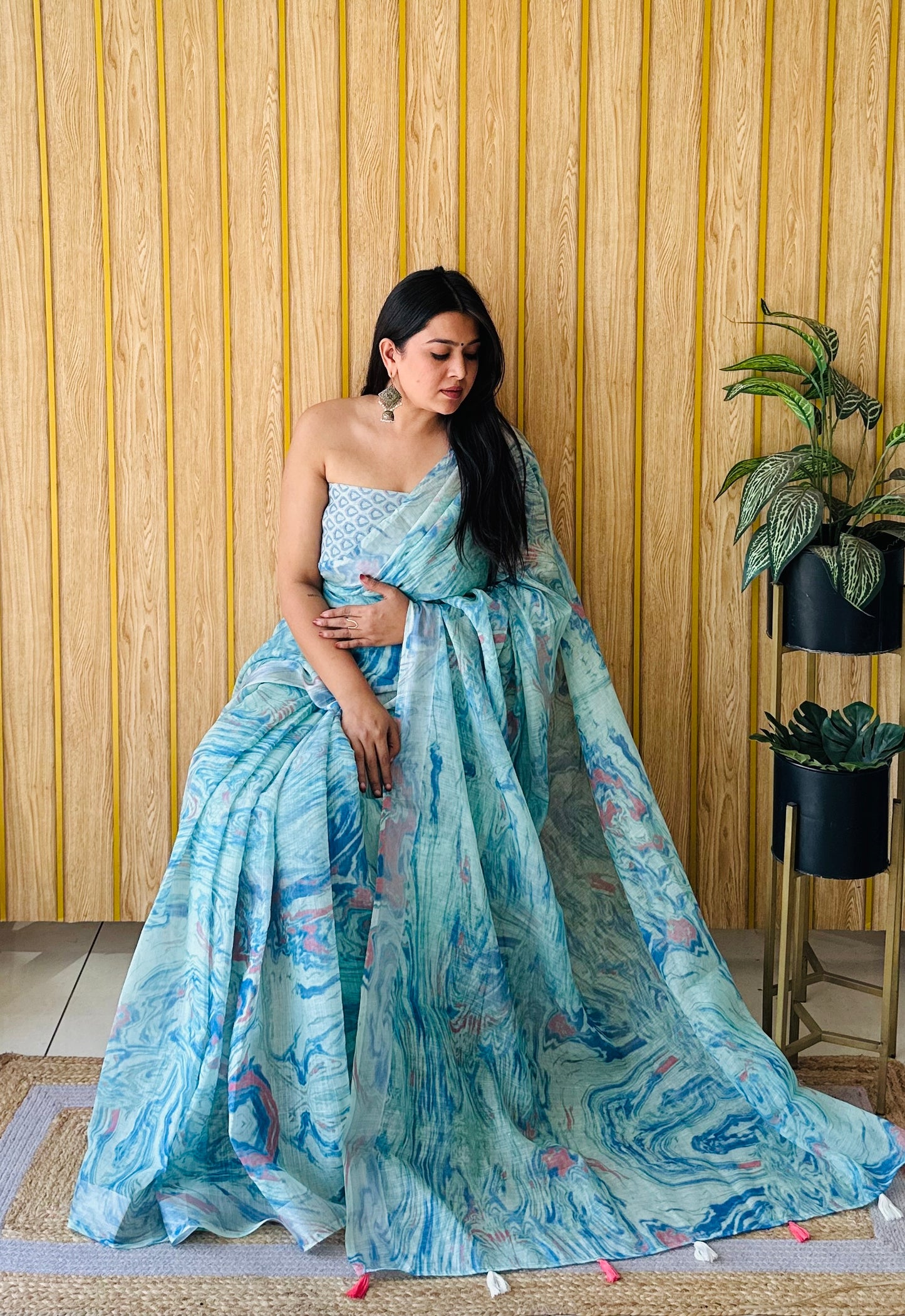 Sky Blue Color Soft Linen Cotton Digital Print Saree Very Premium And Rich Quality