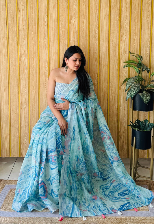 Sky Blue Color Soft Linen Cotton Digital Print Saree Very Premium And Rich Quality
