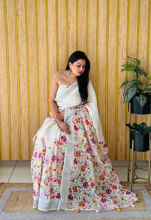 We Brought Exclusive Beige Color Wedding Soft Linen Cotton Digital Print Saree With Silver Border