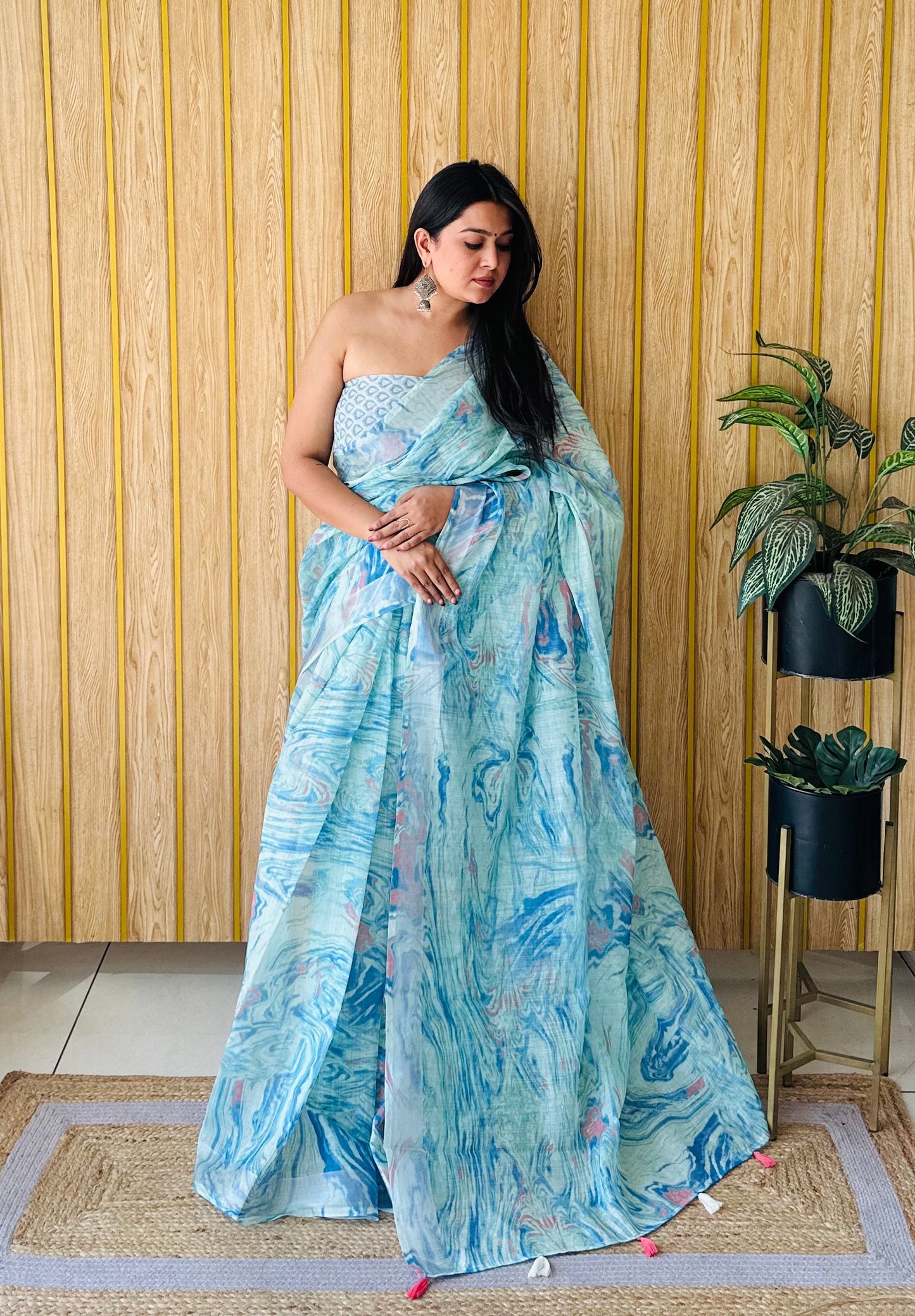 Sky Blue Color Soft Linen Cotton Digital Print Saree Very Premium And Rich Quality