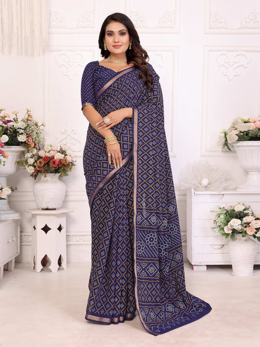नेवी ब्लू अम्बा प्योर पटोला और बंधेज पैटर्न सॉफ्ट कॉटन हल्के वजन की साड़ी