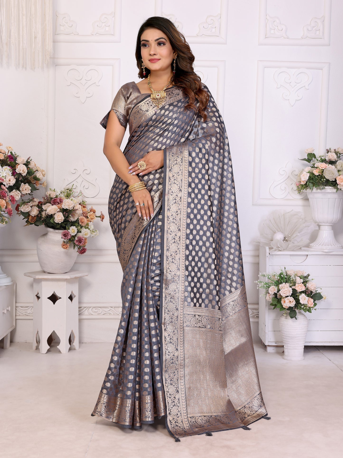 Gray Color Premium Superior Soft Organza Silk Banarasi Saree