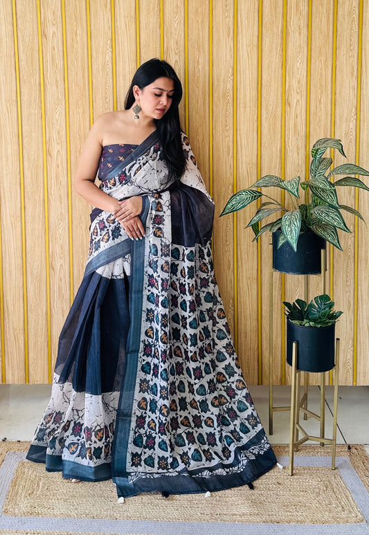 Multi Color Soft Linen Cotton Digital Print Saree Very Premium And Rich Quality