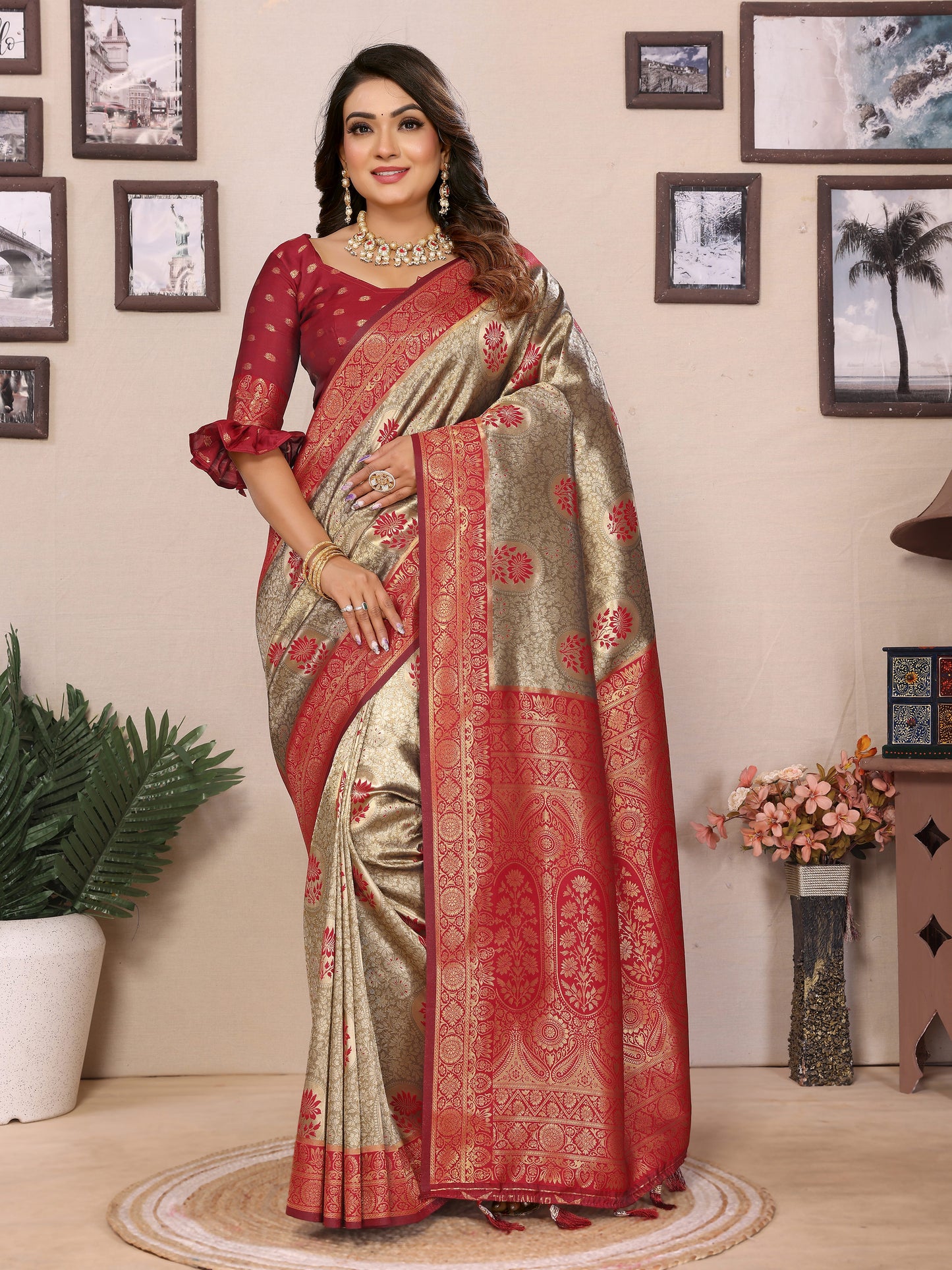 Red Mahek Handloom Tissue Silk Sarees with Contrast Zari woven Border
