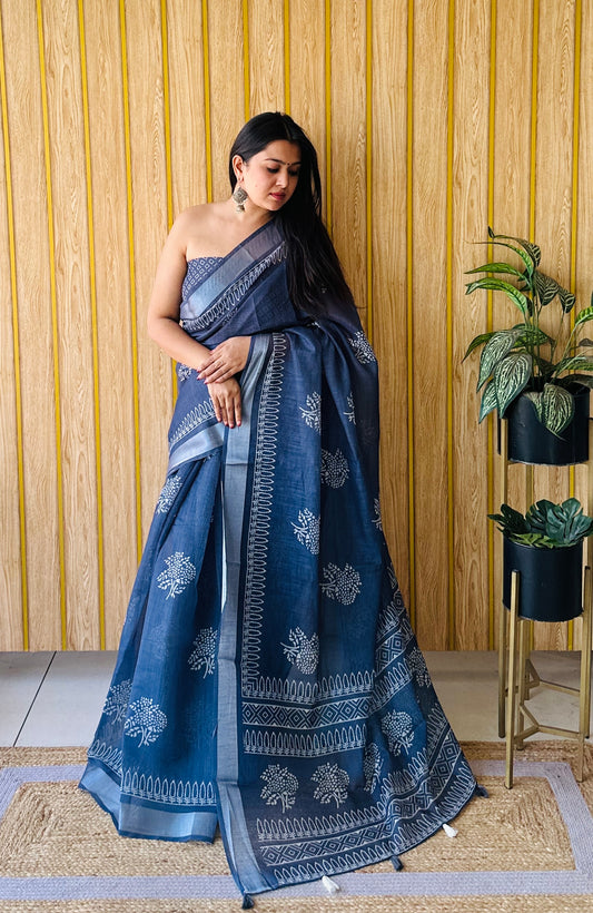 Gray Color Exclusive Quality Beautiful Soft Linen Cotton Digital Print Saree