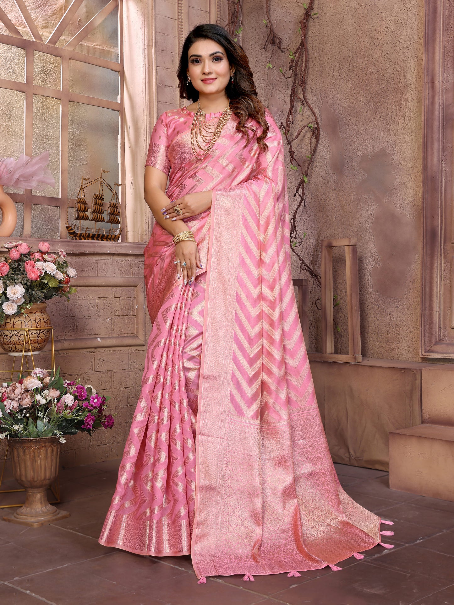 Pink Color Premium Superior Soft Organza Silk Banarasi Saree With Zari Border