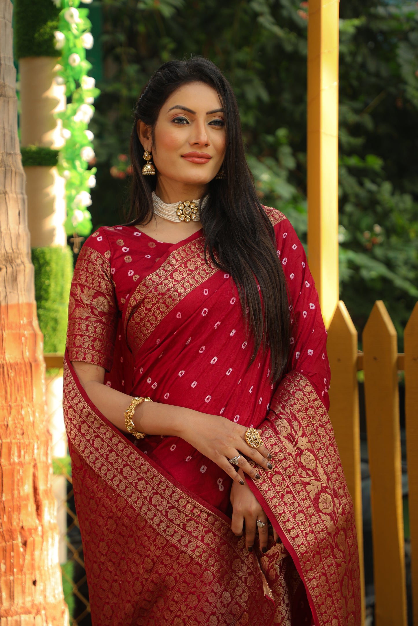 Cherry Red Toral Bandhej Kanjivaram silk saree with Zari Weaving Rich Pallu