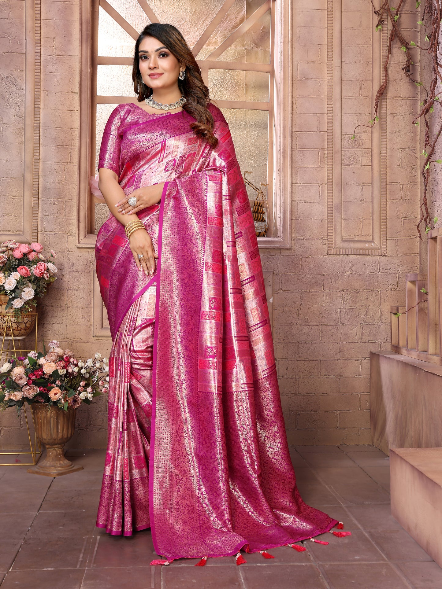 Dark Pink Somya Banarasi Chaturi silk saree With Jari weaving Border