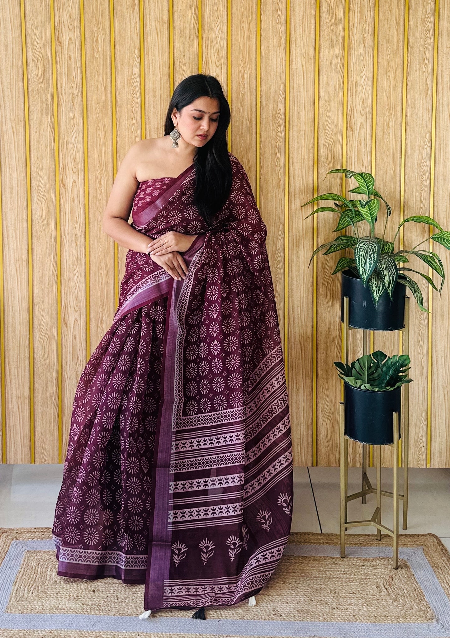 Wine Color Soft Linen Cotton Digital Print Saree Very Premium And Rich Quality
