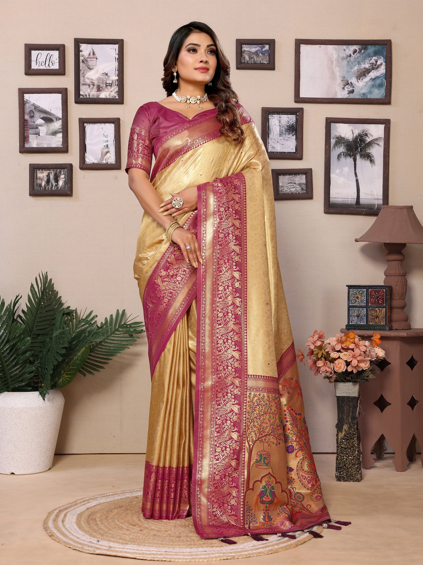 Beige Color Presenting Pure Banarasi Tissue Silk Saree With Paithani Border
