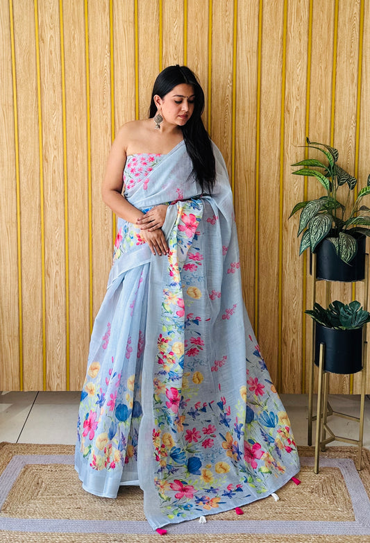 Sky Color Premium Quality Beautiful Soft Linen Cotton Digital Print Saree
