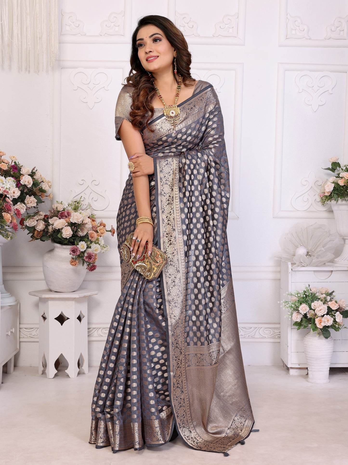 Gray Color Premium Superior Soft Organza Silk Banarasi Saree