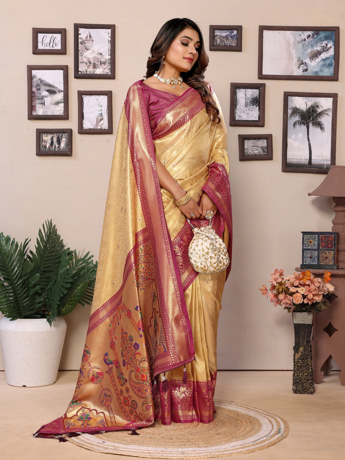 Beige Color Presenting Pure Banarasi Tissue Silk Saree With Paithani Border