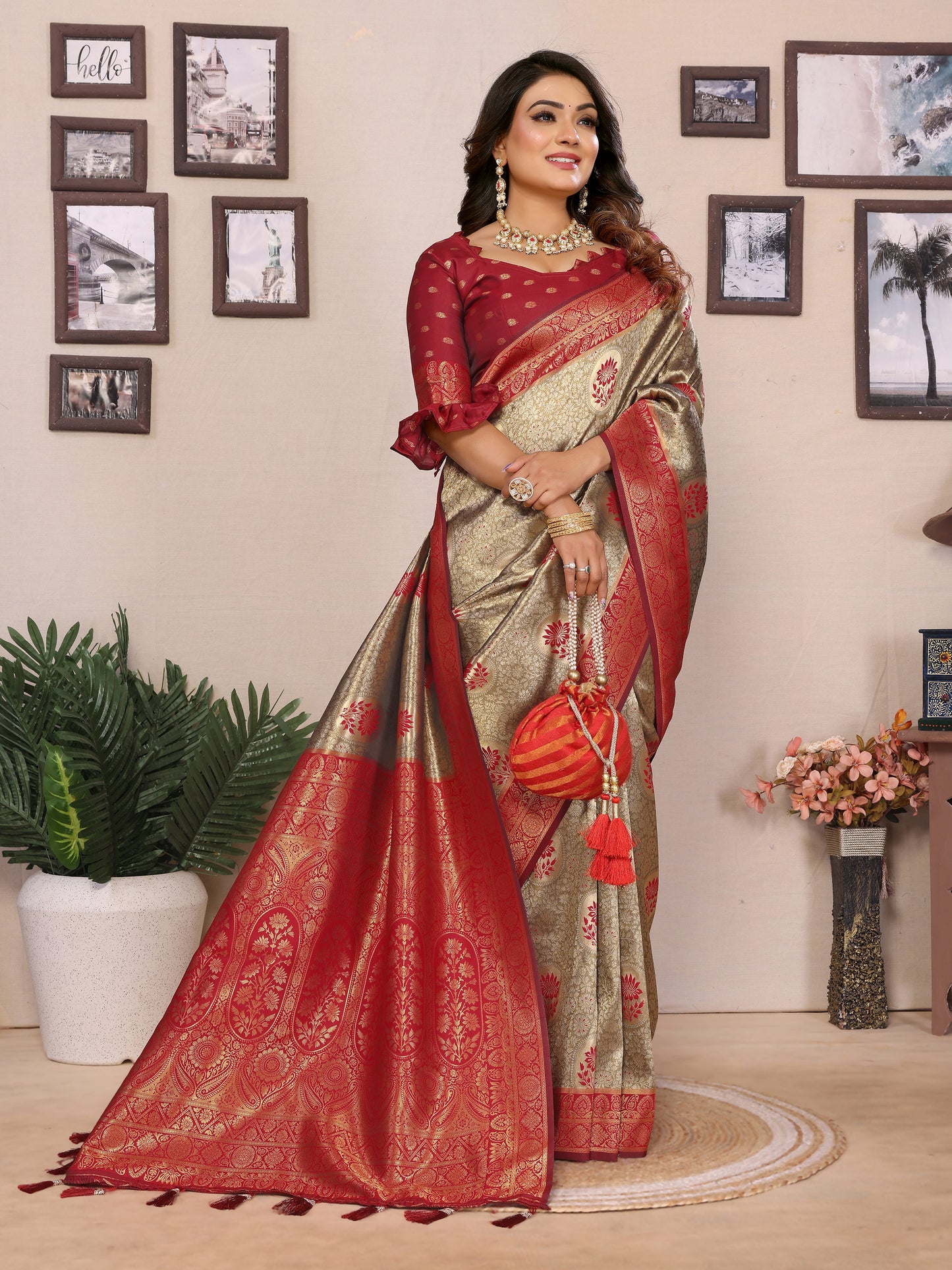 Red Mahek Handloom Tissue Silk Sarees with Contrast Zari woven Border