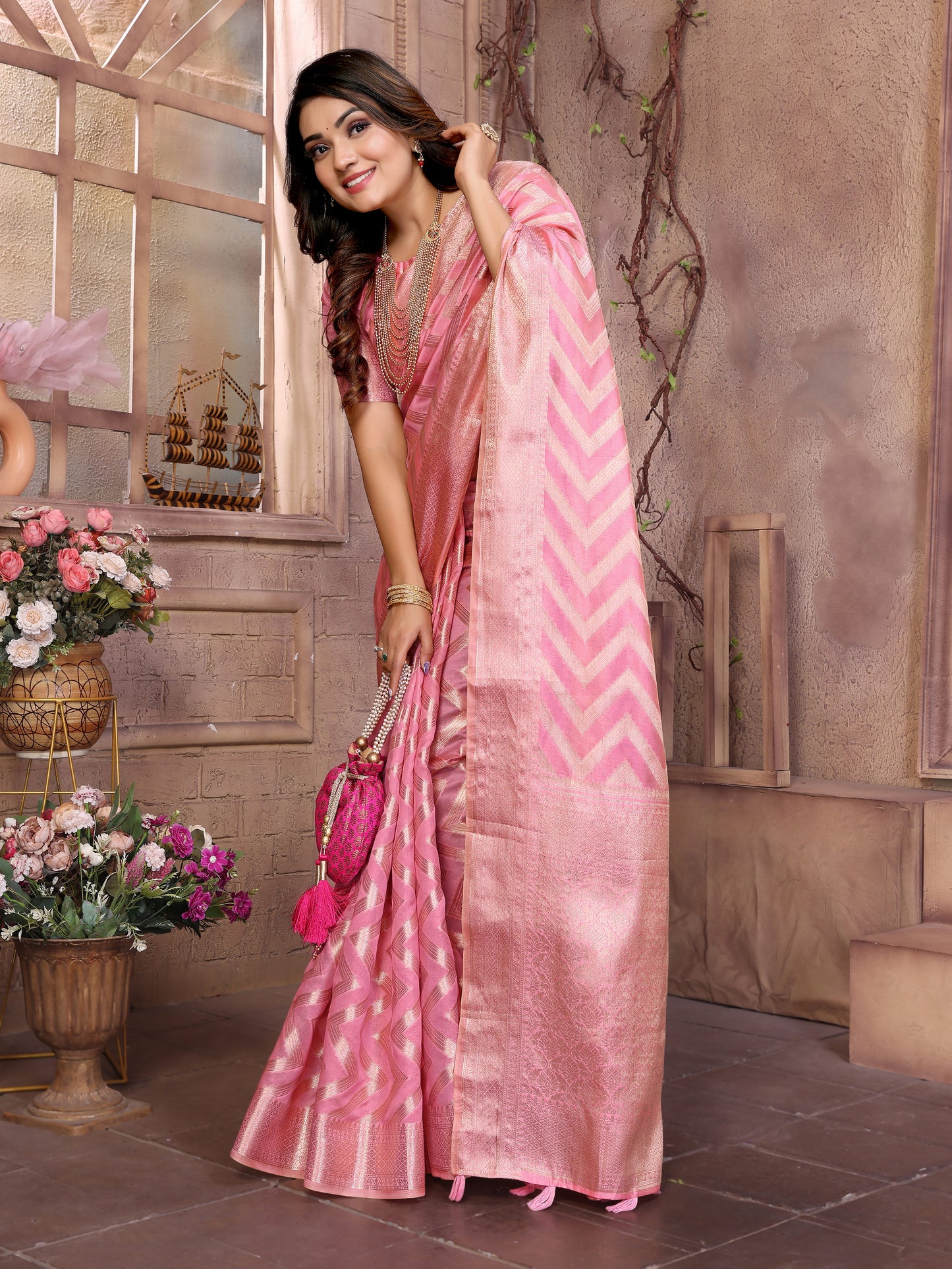 Pink Color Premium Superior Soft Organza Silk Banarasi Saree With Zari Border
